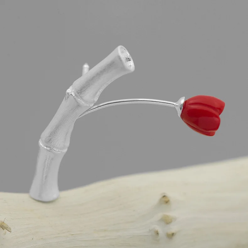 

INATURE 925 Sterling Silver Red Coral Flower Bamboo Brooch Pin for Women Jewelry