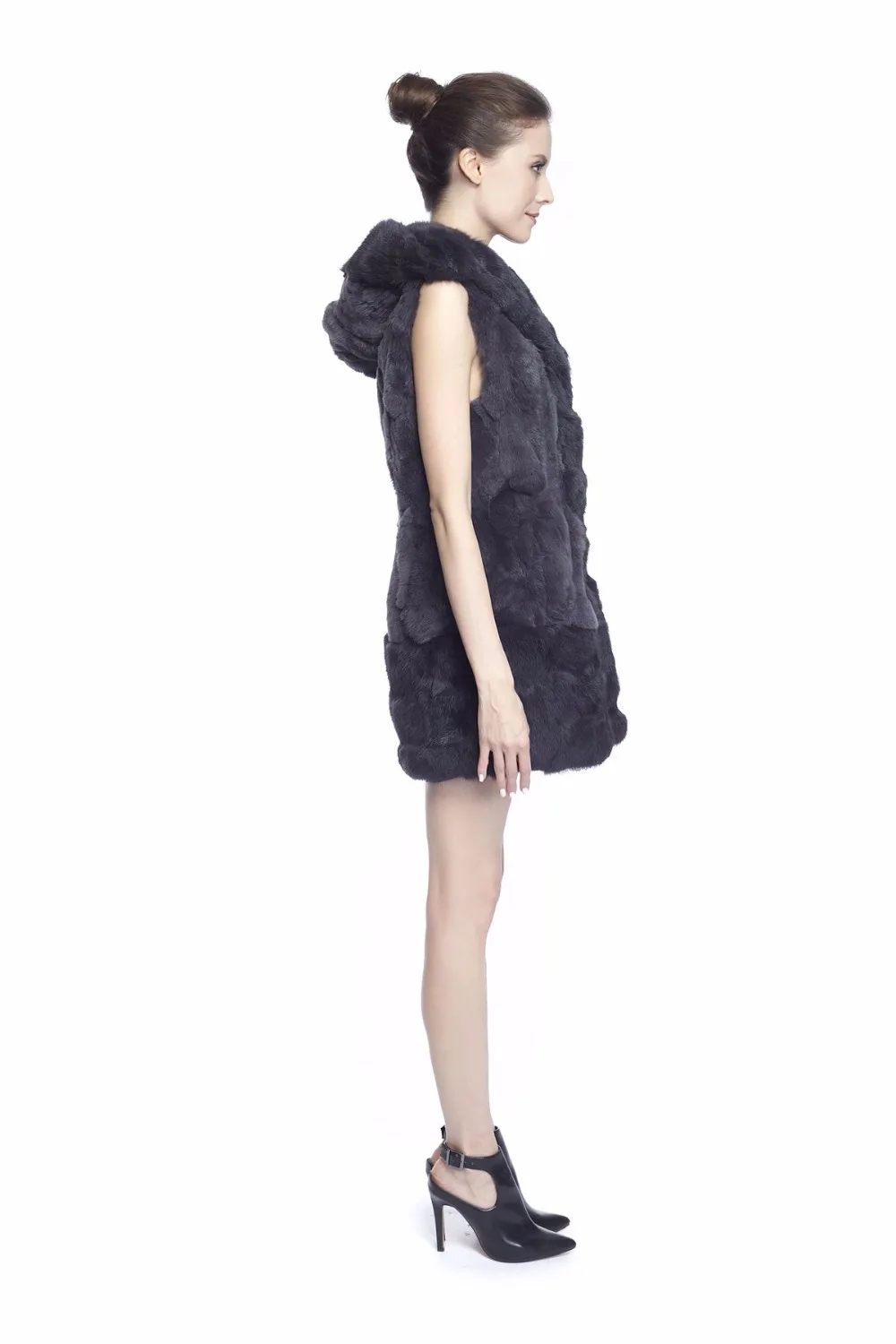 black puffer ZY88012 Women Elegant Real Winter Rex Rabbit Fur With Hooded Long Fur Vest Waistcoat Gilet Slim Fur Vest petite long puffer coat