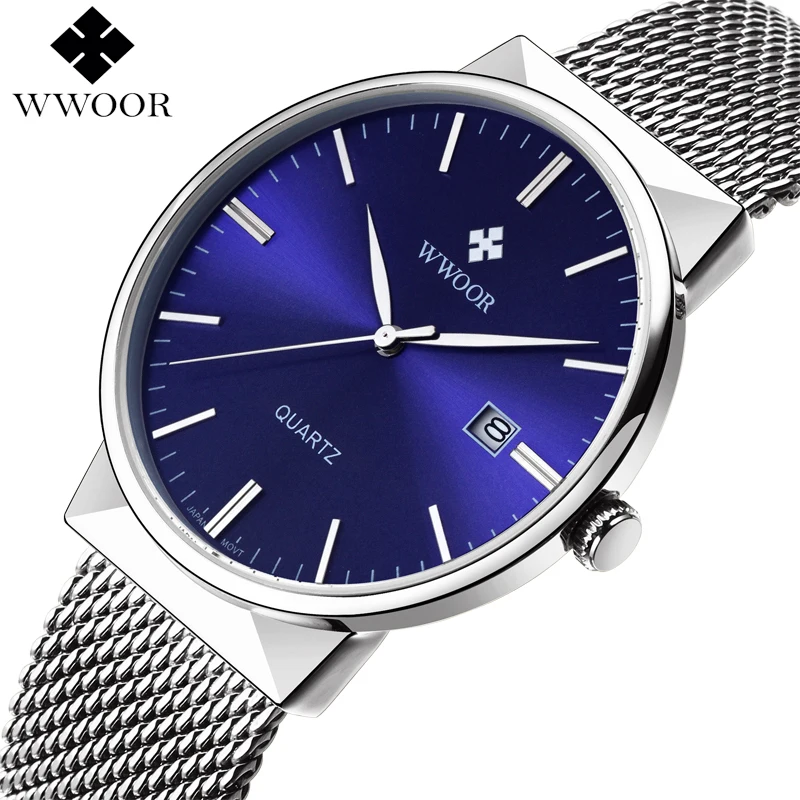 

WWOOR Brand Luxury Quartz Mens Watches Waterproof Sport Clock Steel Mesh Silver Business Watch Male Wristwatch relogio masculino