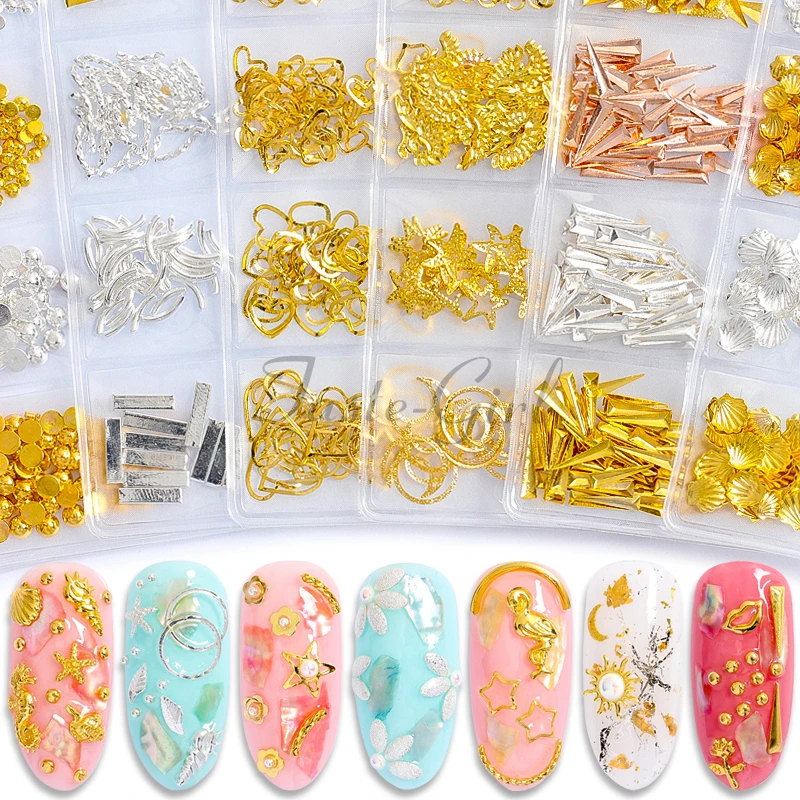 

Mixed styles Gold Silver Hollow metal 3d shell nail art decorations alloy charms for nails Accessories Supplies Tools studs