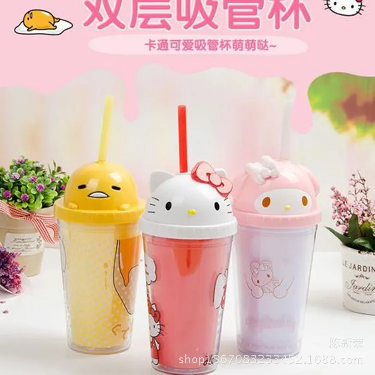 

Drop shipping 300ML quality Hello Kitty plastic handcup Melody straw juice cup leakproof cartoon portable student water bottle