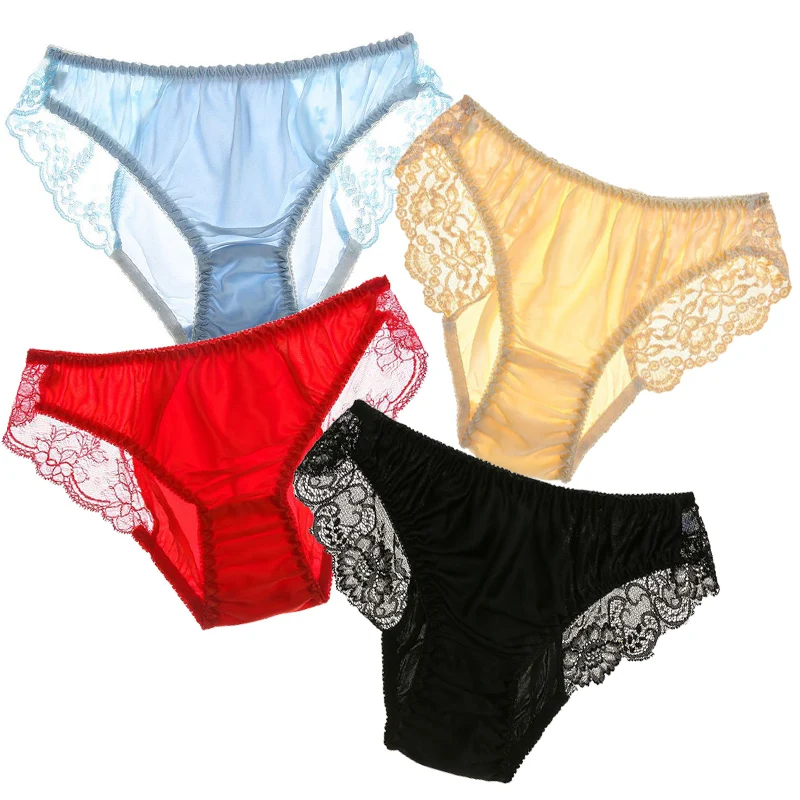 Briefs Lace Silk Bikinis Silky Lingerie Panties Soft Sexy M-2XL Womens Underwear