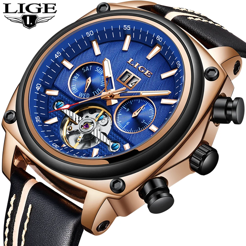 

Men WatchesLIGE Fashion Tourbillon Automatic Mechanical Watch Men Leather Big Dial Waterproof Sport Watch Male Relogio Masculino