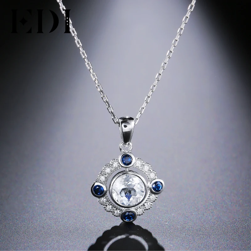 EDI Trendy Women 14k 585 White Gold Pendant Halo 1.2CT Round Cut Moissanite Diamond Natural Sapphire For Fine Jewelry