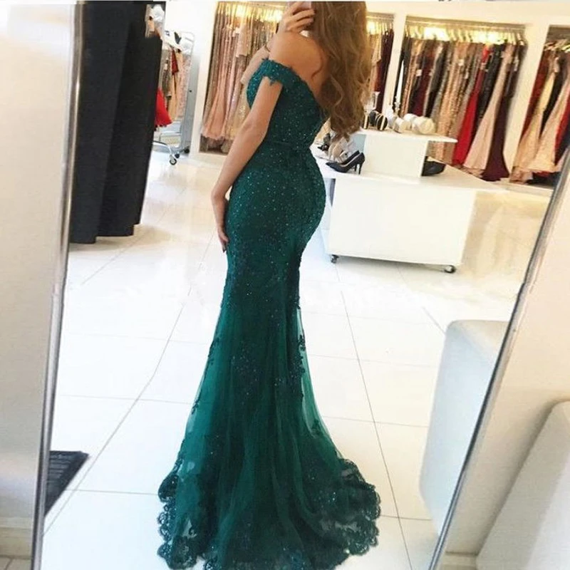 Vestido longo темно зеленые вечерние платья 2020 Русалка с открытыми плечами платье для