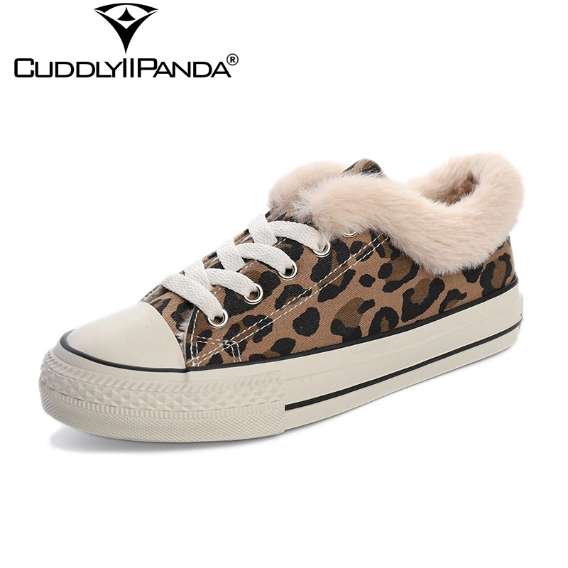 

CuddlyIIPanda 2019 Winter Leopard Sneakers Short Plush Flats Women's Vulcanize Shoes Warm Fur Snow Botas Suede Zapatos Mujer