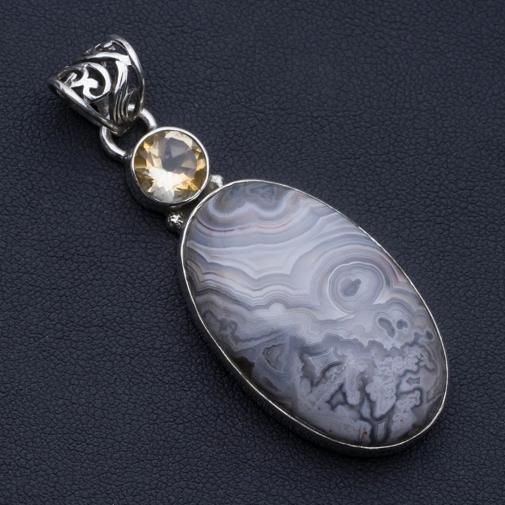 

Natural Crazy Lace Agate and Citrine 925 Sterling Silver Pendant 2 1/4" P0582