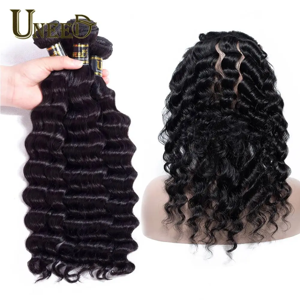 

Uneed Hair 360 Lace Frontal With Bundle Brazilian Loose Deep Wave 3/4Bundles With Frontal Human Hair Weave Bundles With Closure