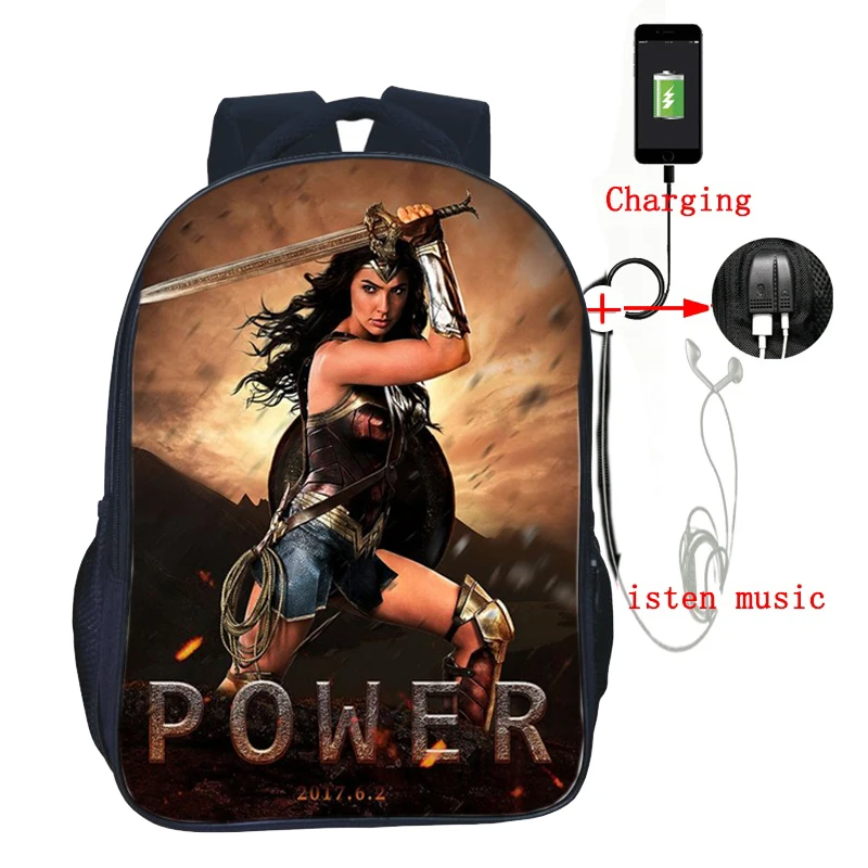 

Beautiful Superhero USB Charge Backpack Wonder Woman USB Charging Laptop Backpack Beautiful Men Women Boys Girls School Bag