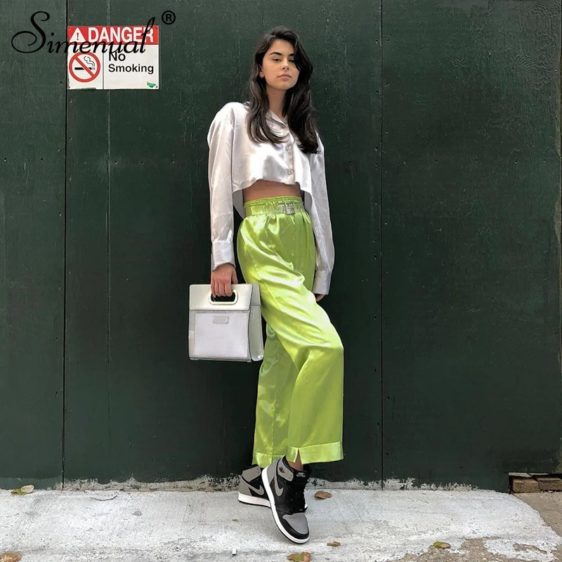 Simenual Solid Green High Waist Pants Women Casual Streetwear Satin Long Trousers Slim Basic Fashion 2019 Slik straight Pants Simenual Solid Green High Waist Pants Women Casual Streetwear Satin Long Trousers Slim Basic Fashion 2019 Slik straight Pants