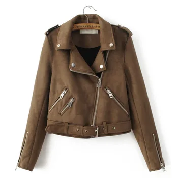 

2020 Autumn Women Brown Suede Short Style Motorcycle Jacket Ladies Turndown Collar Zipper Adjustable Waist Loose Coat Outerwear