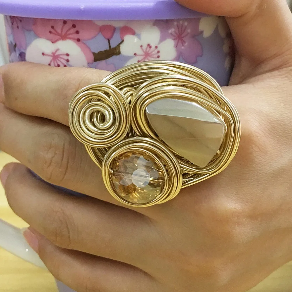 Gold Color Rings Finger Ring Gold Color Ring Boho Handmade Big Champagne Crystal Rings For Women Fashion Jewelry Gold Color Wire Helical Wound Beads Finger Ring