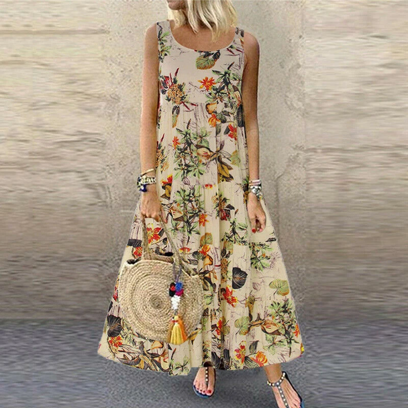 

Women Boho Floral Sleeveless Maxi Dress Lady Summer Casual Sundress Plus Size Crew Neck S-5XL Orange Purple Holiday Beach Dress