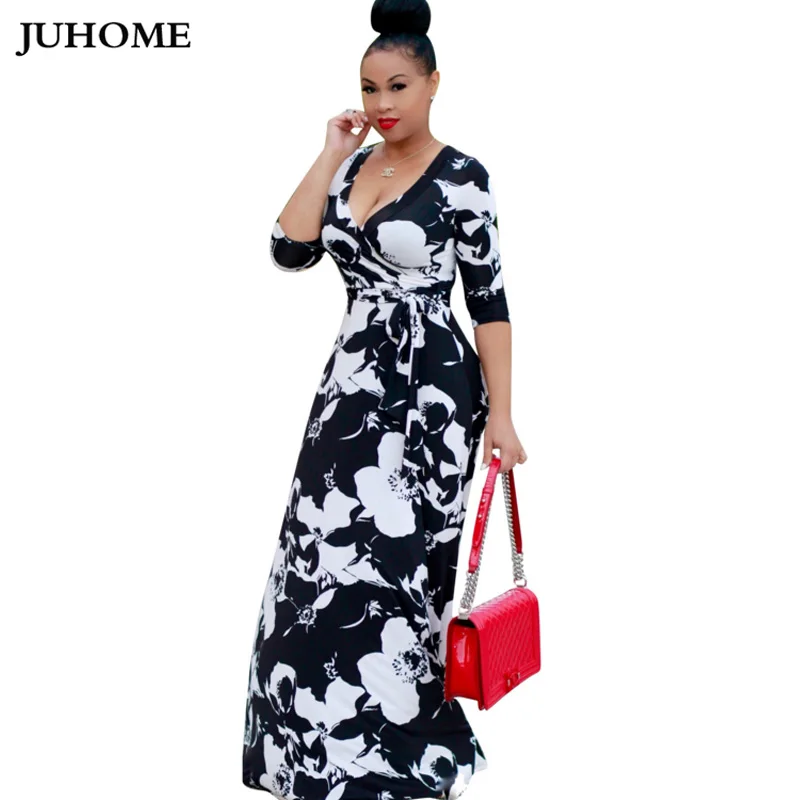 

high quality casual dress 2018 3xl big size New Fashion floral Print long maxi Dress Women autumn v neck elegant tunic vestidos