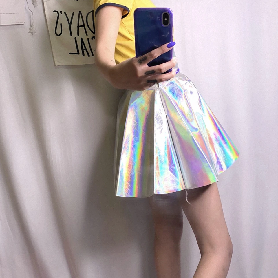 Лазерная Высокая талия плиссированная талия тонкая юбка японская Harajuku уличная ветровая юбка Серебристая блестящая флуоресцентная