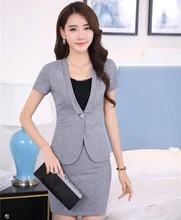 Novedad Gris Negocio Trajes de Trabajo Profesional Con Chaquetas Y Trajes de Falda 2016 Del Verano de Manga Corta Conjuntos Uniformes Blazers