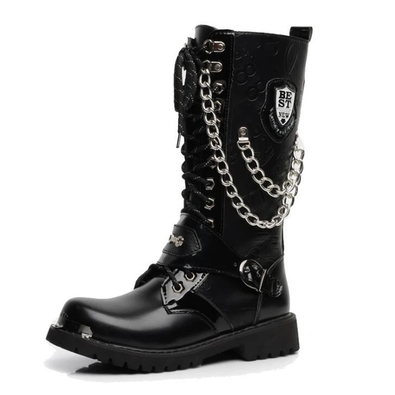  Men's Leather Motorcycle Boots Mid-calf Military Combat Boots Gothic Belt Punk Boots Men Shoes Tact