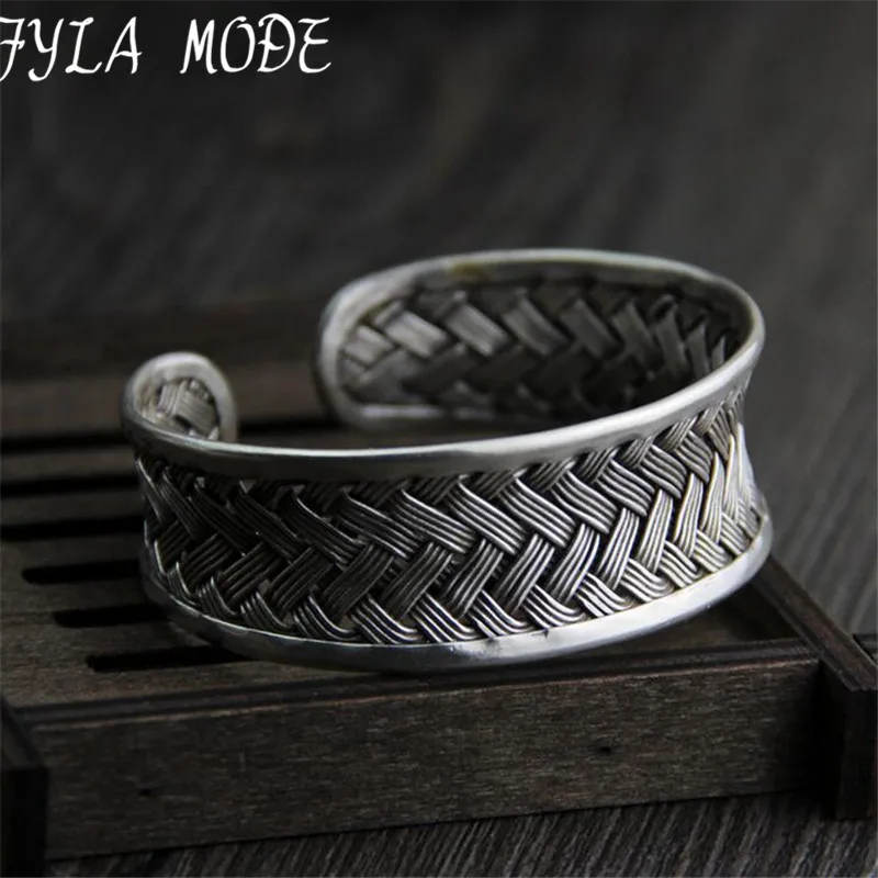 

Fyla Mode 20.60mm Wide Mens Weave Woven 999 Thai Silver Bracelet Wristband For Men Classic Bracelet Men Bangle Jewelry 32.20G