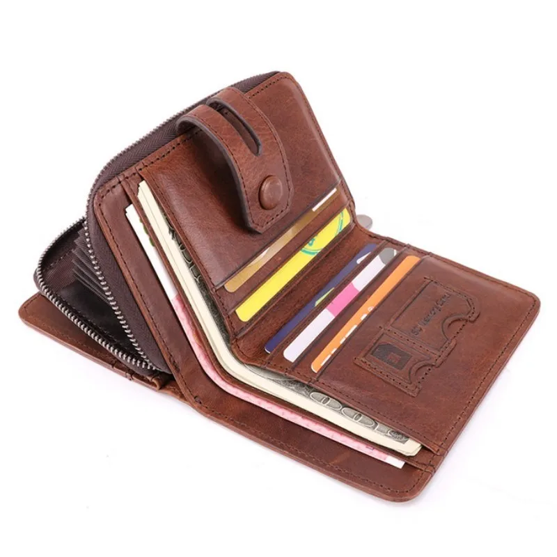 

Genuine Leather RFID Vintage Wallet Men With Coin Pocket Short Wallets Small Zipper Walet With Card Holders Man Purse