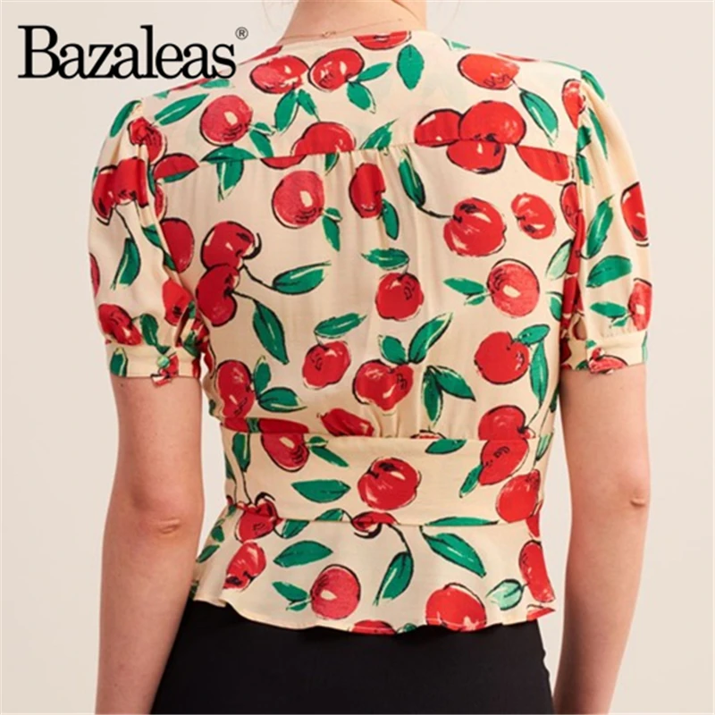 Bazaleas Франция кремовая вишня принт blusas винтажная женская блузка тонкая с
