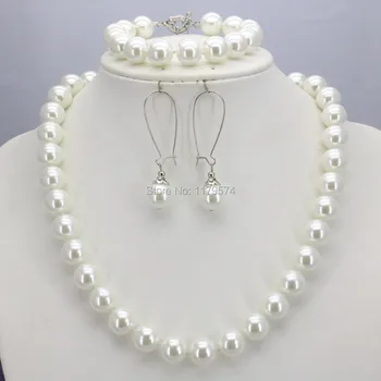 Women Girls 10mm White Round Shell Pearl Beads Necklace Bracelet Earrings Sets Jewelry