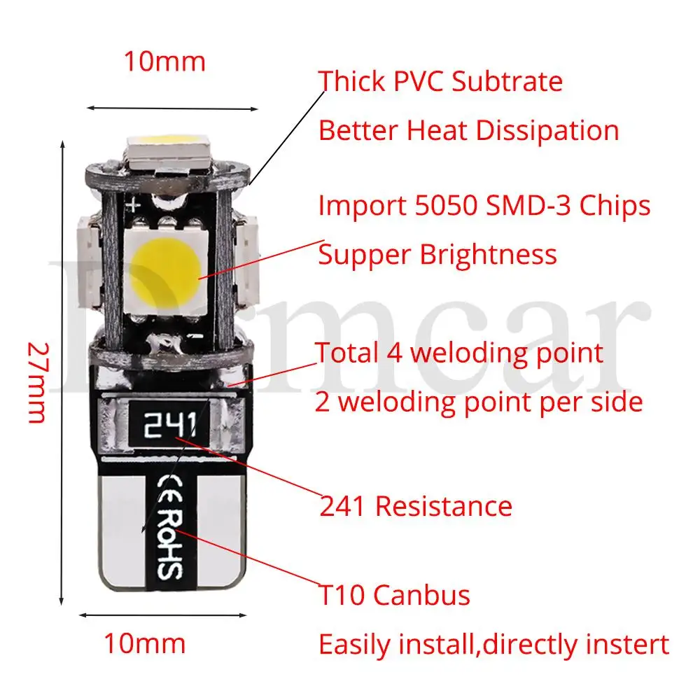 10X T10 Canbus Белый Синий Красный 5smd автомобильный светильник W5w 194 168 ошибки лампы DC 12 В клиновидная лампа парковочная лампа полоса декодер поворотов