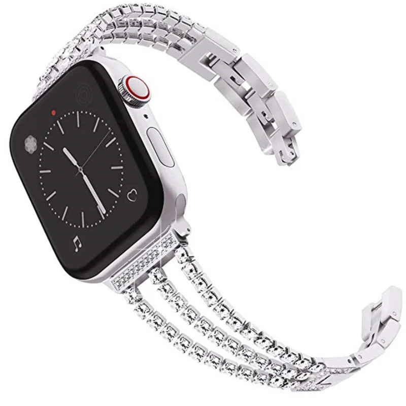 Women Watch Band Diamond Bling for Apple Watch iWatch 1/2/3/4 Stainless Steel Metal Three Chain Diamond Straps Bracelet