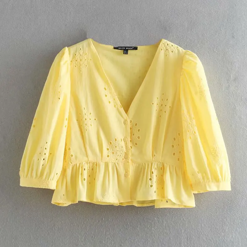 

2019 za women's openwork lace cotton soft embroideried hollowout blouses V-neck ruffles short women's shirt