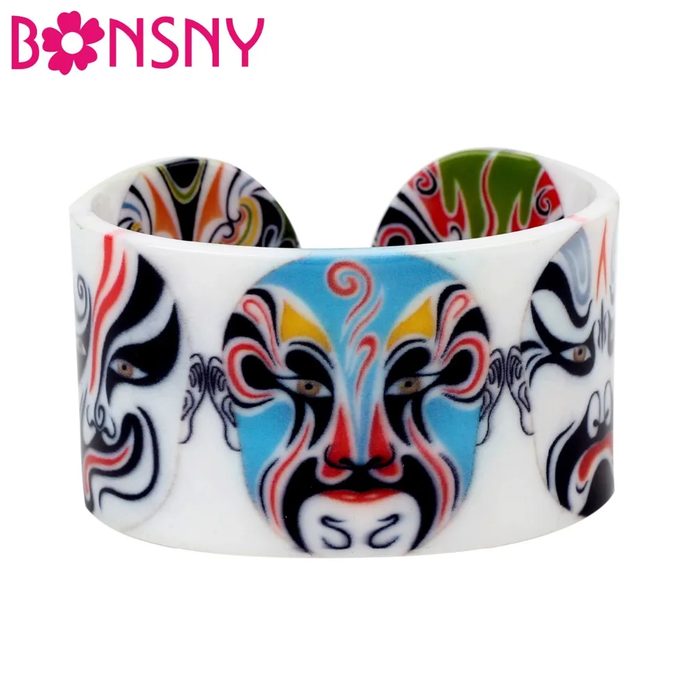 Bonsny Plastic Chinese Beijing Opera Facial Mask Bangles Bracelets Vintage Ethnic Craft Jewelry For Women Girl Ladies Teens Gift | Украшения