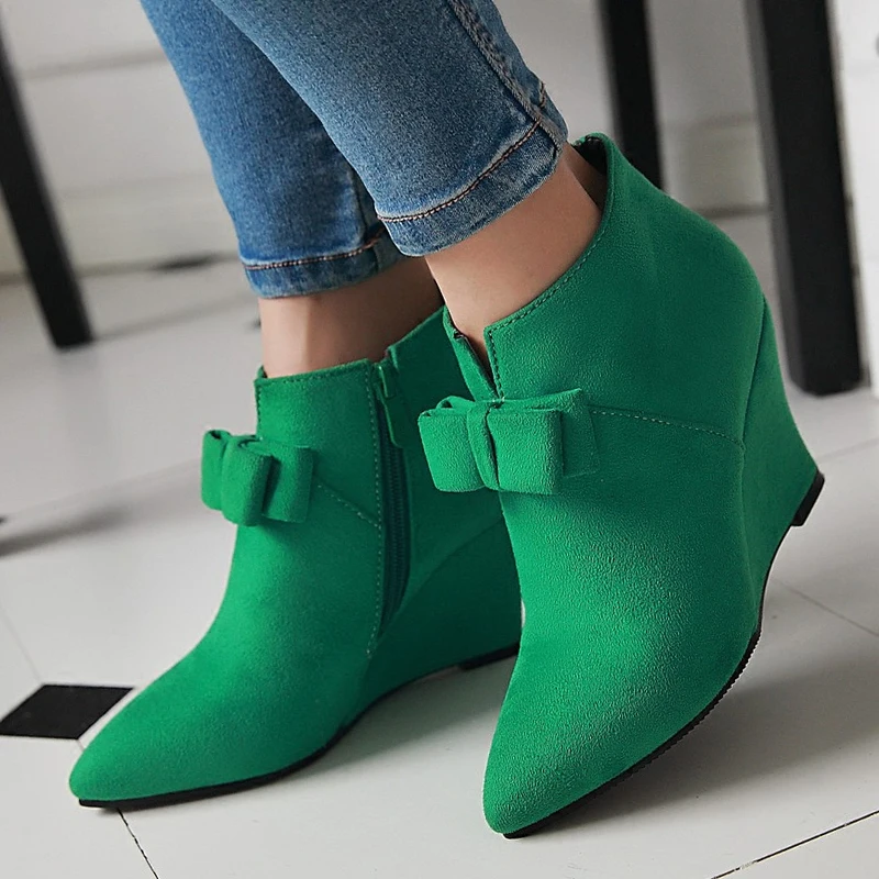 

US4-11 Womens Pointed Toe Bowknot Ankle Boots Side Zipper Wedge High Heel Flock Sweet Shoes 3Colors Plus Size