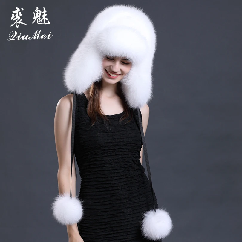 

Women Real Fox Fur Hat Winter Russian Warm Fox Fur Leifeng Hat Genuine Bomber Solid Warm Ear Solid Whole Rex Rabbit Fur Hats