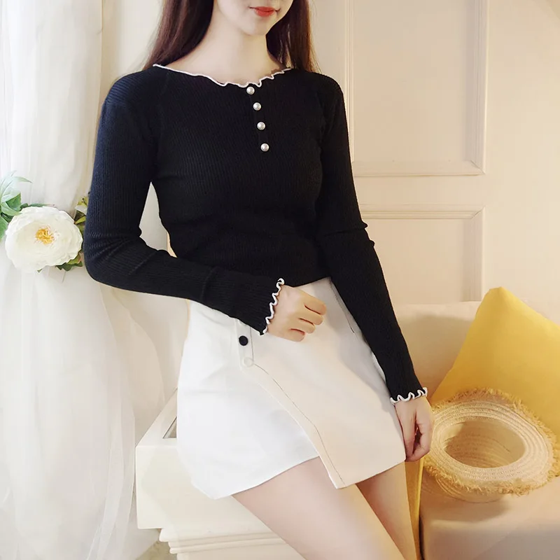 Sweet Thin Section Women's Sweaters And Pullovers Autumn Korean Wrinkled Round Neck Slim Bottom Knitted Sweaters 2018 Pull femme Sweet Thin Section Women's Sweaters And Pullovers Autumn Korean Wrinkled Round Neck Slim Bottom Knitted Sweaters 2018 Pull femme