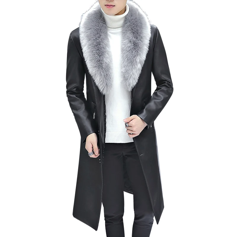 Новинка, зимний блейзер с меховым воротником, длинное Мужское пальто с мехом, мужская деловая Повседневная кожаная куртка, флисовое теплое толстое пальто XXXL - Цвет: Black