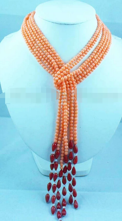 

Jew2875 4mm orange Round & 12*6mm Red water-drop Coral 3-strand 45" cappa necklace