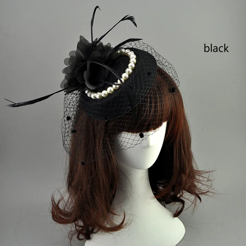 E JUE SHUNG Bridal Net Feather Hats White Red Black Birdcage Net Wedding Hats Bridal Fascinator Face Veils Pearls bride