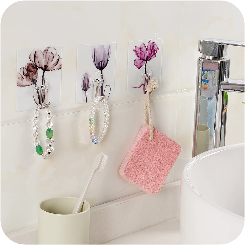 4 قطع الزهور traceless قوي لزجة السنانير لزجة هوك مطبخ حمام الجدار السنانير تخزين حامل رف قوية الساخن بيع