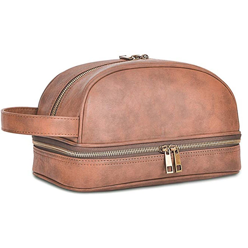

Hot Sales Fashion PU Leather Men Vintage Luxury Toiletry Dopp Kit Bag with mesh bottle pockets inside Up Bag Toiletry Bag