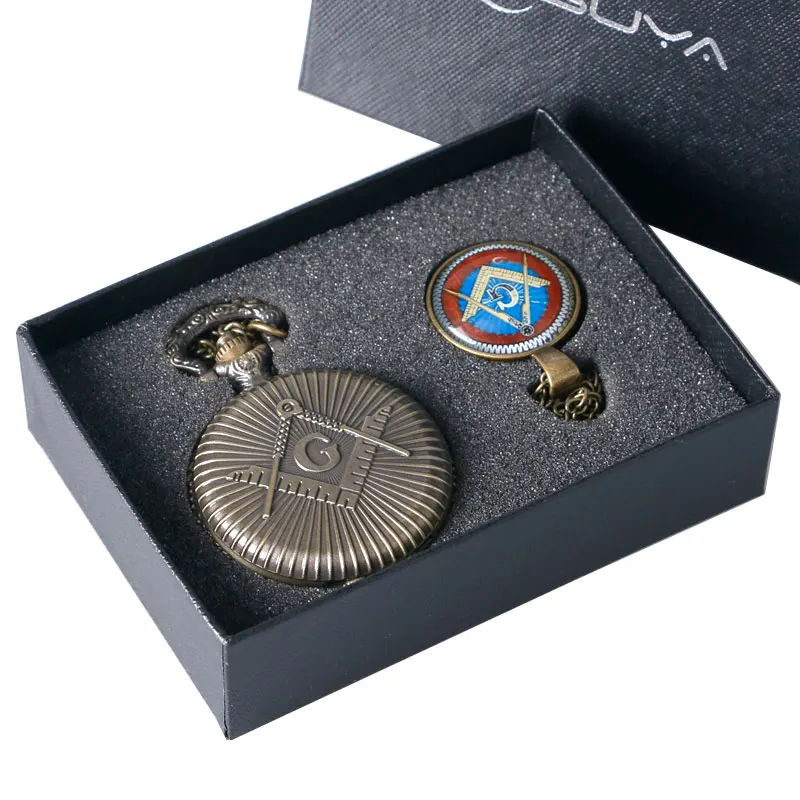 Бронзовые масонские ювелирные карманные часы с подвеской и цепочкой высокого качества подарочный набор - Цвет: C
