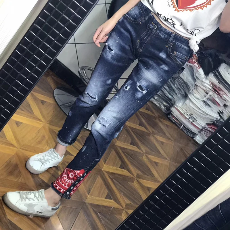 

2018 Autumn Fashion Style Jeans for women Patchwork Pattern Hole Jeans Woman Button Skinny Ripped Jeans Women Trousers