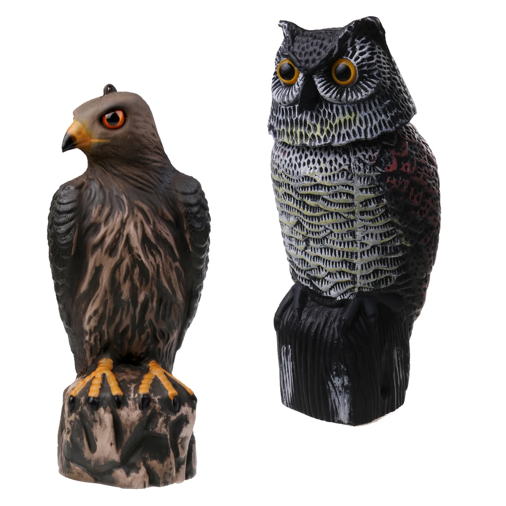 2 Pieces Realistic 3D Owl & Rotating Head and Eagle Decoy Hunting Shooting Bird Pigeon Scarer Scarecrow