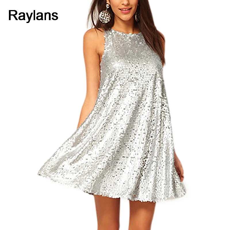 Raylans Luxury Sweet Silver Sequin Dress Sleeveless Charm Babydoll