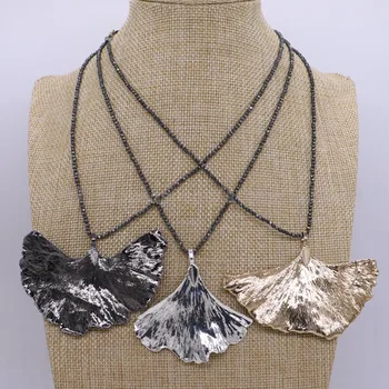

Hematite beaded with natural Ginkgo leaf pendant hematite necklace fashion jewelry design New design fashion jewelry 2565
