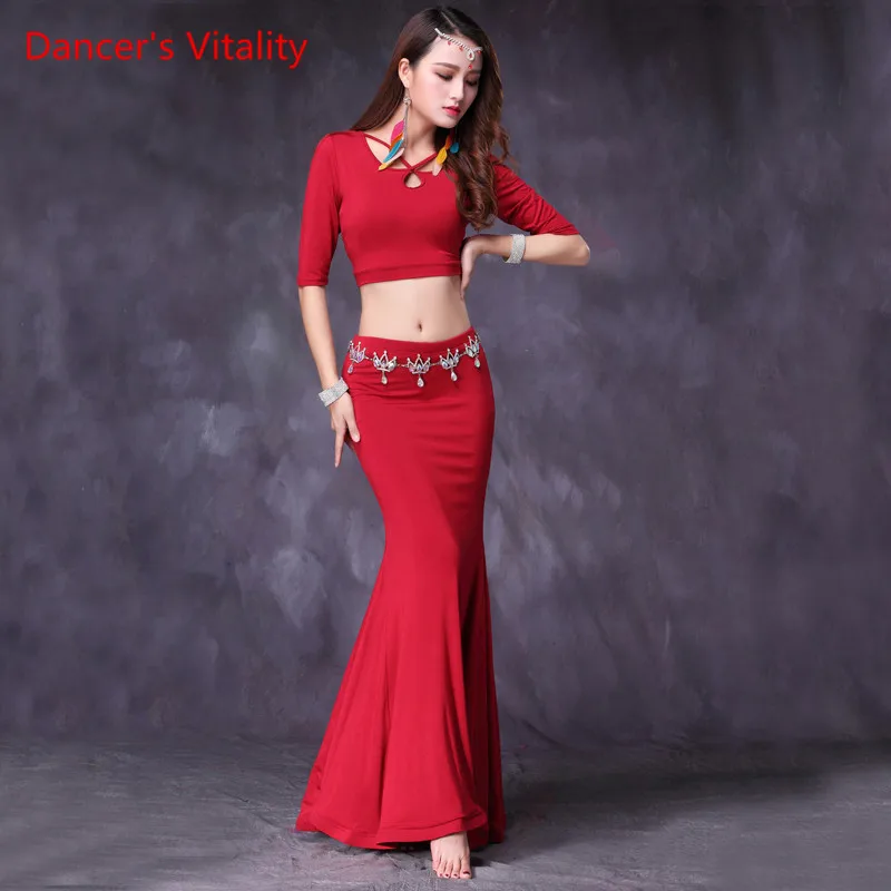 

2018 New Women Belly Dance Practice Set Sexy Modal Belly Dance Training Wear Top+Mermaid Skirt Belly Dance Costumes