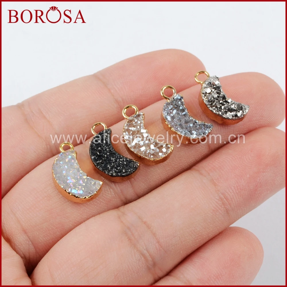 BOROSA 10 шт. Золотая, радужная титановые кристаллы Друза в форме Луны Druzy Charm Drusy подвеска ювелирные изделия для изготовление сережек G1175