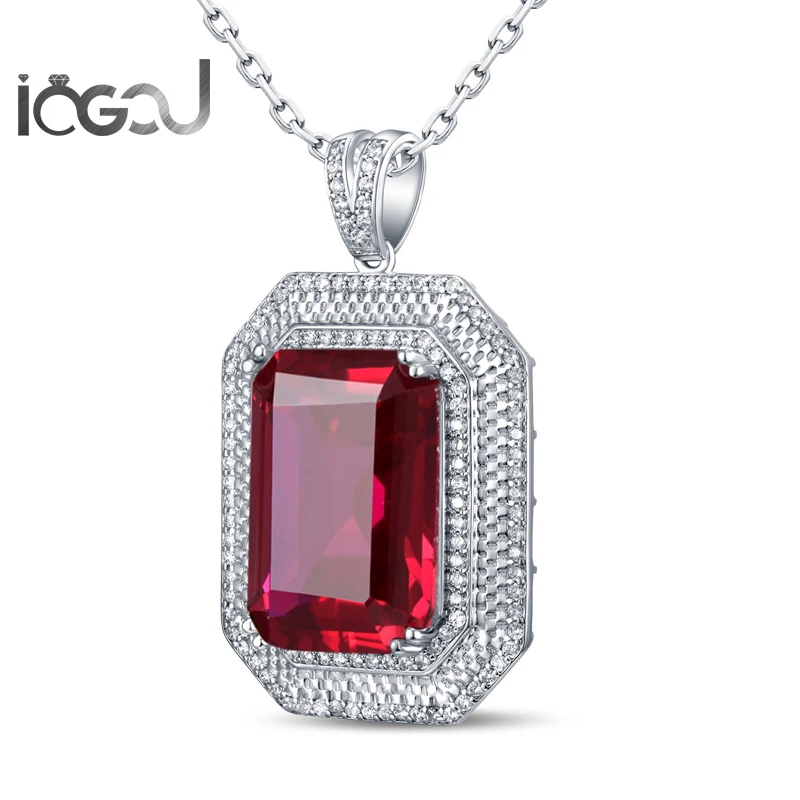 

IOGOU 925 Sterling Silver Rectangle White Gold Color Pendants Red Sona Simulated Men Engagement Hip Hop Party Male Jewelry Gifts