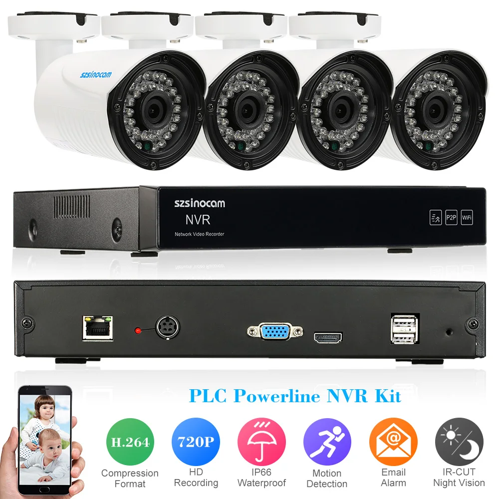  4CH Channel PLC Powerline HD 720P NVR Network Video Recorder CCTV System Set With 4PCS PLC Megapixels Outdoor Bullet IP Camera 