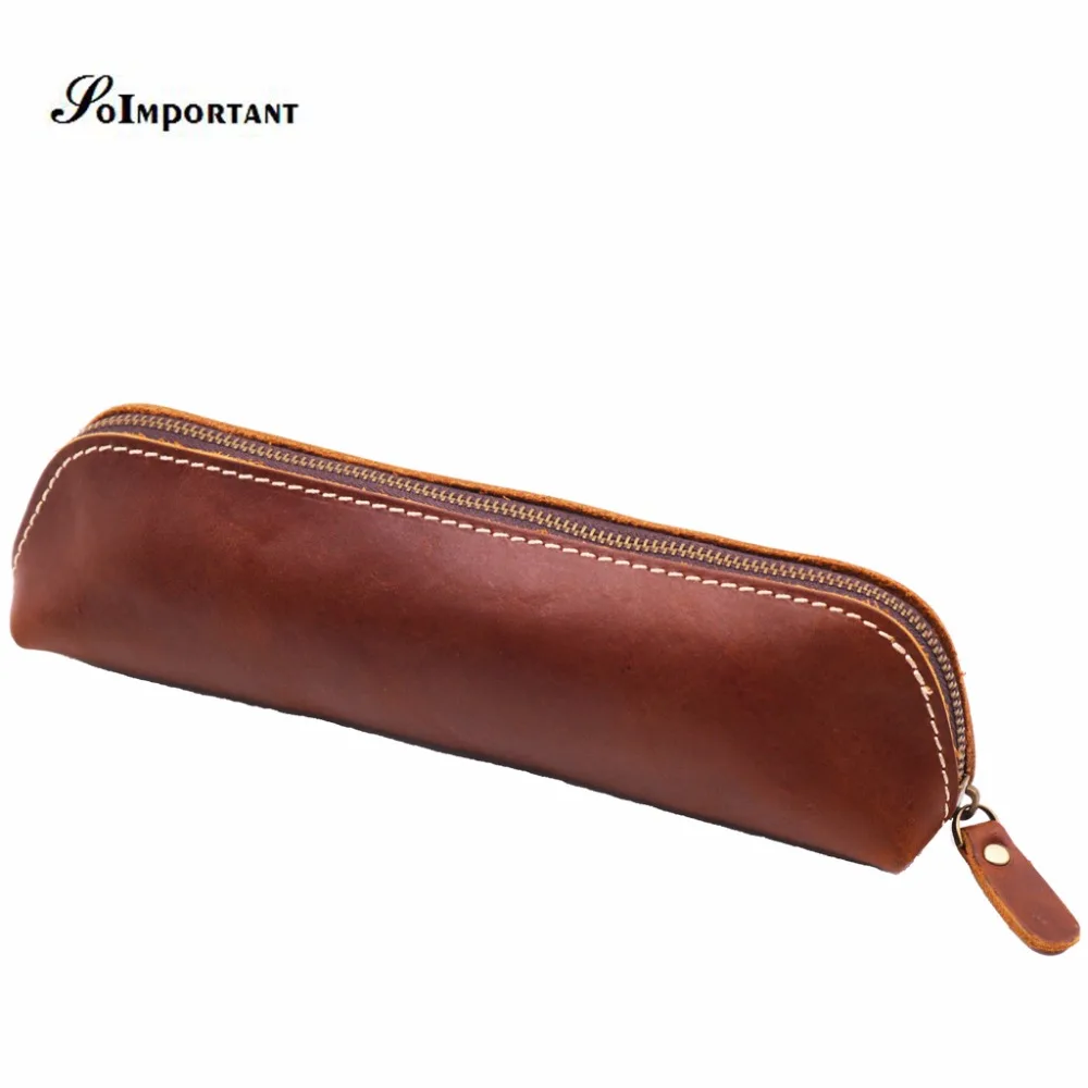 Vintage Luxury Genuine Leather Pens Pencil Pouch Pocket Case Multi