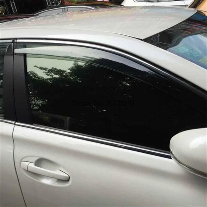 4Pcs Car Window Visor Shades Sun Rain Awnings For Mitsubishi Outlander 2013-2015 2016 2017 PC+Stainless Steel Sticker Accessory