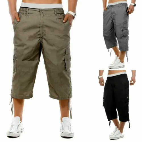 Men's Casual Combat Cargo Shorts 3/4 Sport Pants Beach Elastic Waist Safari Style Trousers US