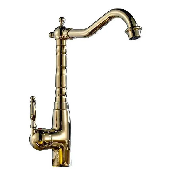 Polished Gold Color Brass Kitchen Faucet Swivel Spout Single Handle Sink Mixer Tap One Hole asf097
